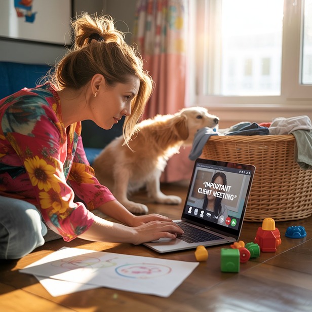 עבודה לאמהות מהבית - תמונת AI של אמא עובדת בבית