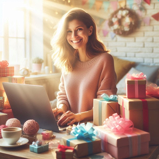 אישה מקבלת מתנה לעובד עד הבית (AI)