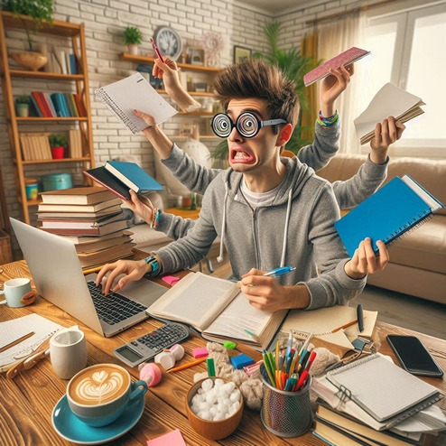 משרות מהבית לסטודנטים - תמונת אווירה של סטודנט שמבצע המון משימות במקביל (AI)
