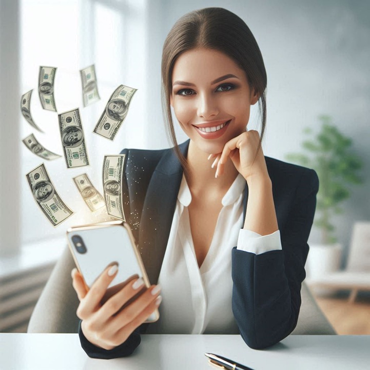 Paybox לעסקים - תמונה של אישה עם כסף שיוצא ממכשיר הסלולר שלה (AI)